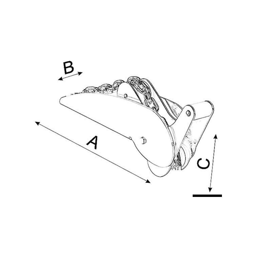 Disegno tecnico musone inox a ribalta con quote dimensionali A, B, C e catena di ritenuta