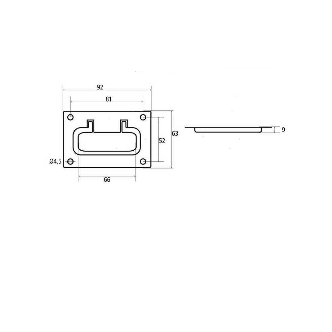 Scheda tecnica maniglia a incasso in ottone cromato 92x63x9 mm con quote e fori di fissaggio Ø4,5 mm