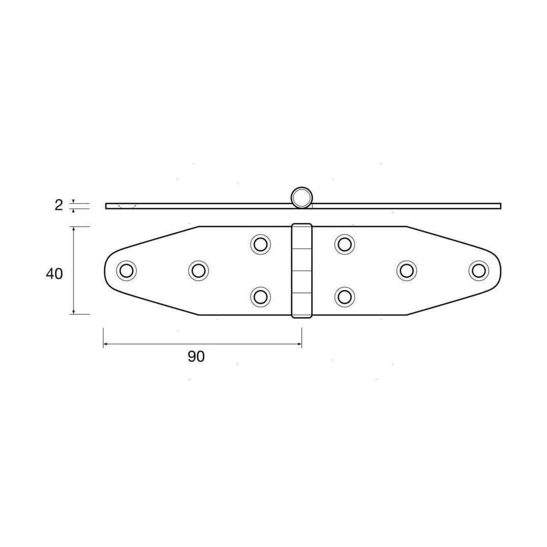 Scheda tecnica cerniera wing acciaio inox 40x90 mm con dimensioni e fori di fissaggio