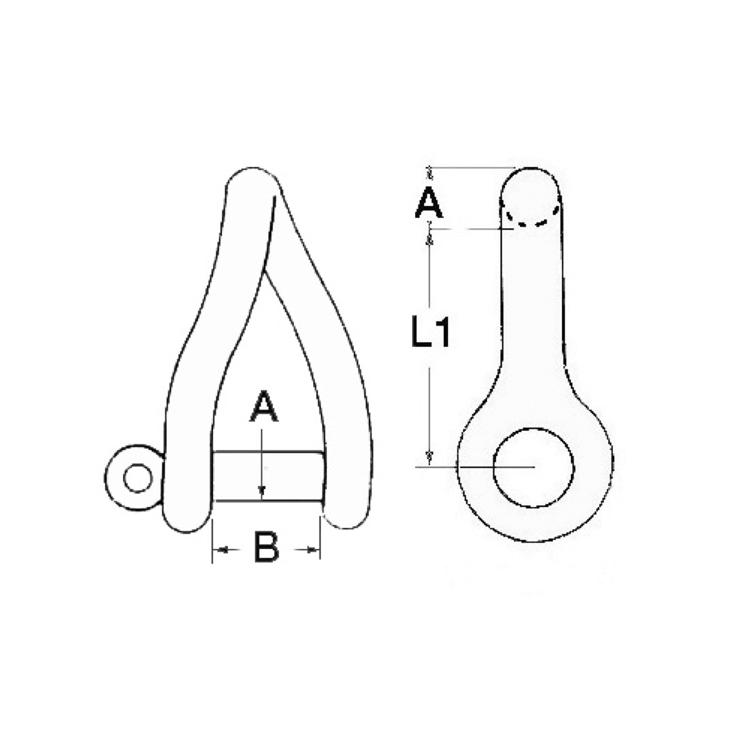 Scheda tecnica grillo ritorto inox AISI 316 mm.5 con dimensioni A, B, L1 e viste frontale e laterale