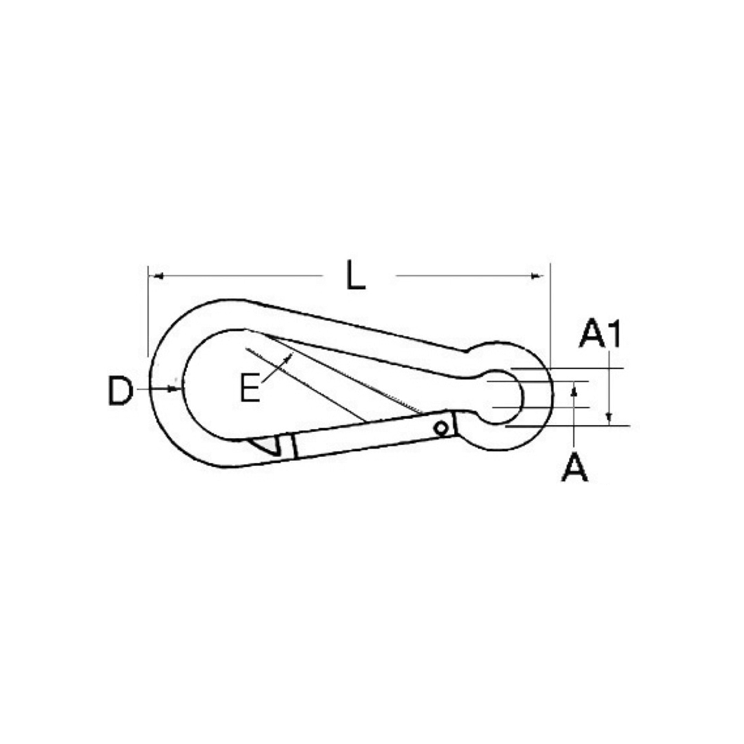 Scheda tecnica moschettone con occhio 100mm acciaio inox AISI 316 con quote L, D, A, A1, E