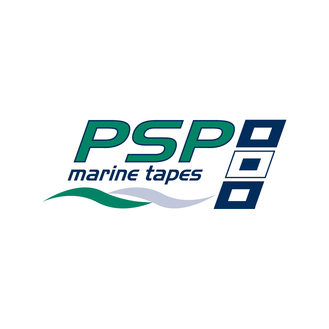Logo PSP Marine Tapes verde e blu con onde stilizzate e motivo a scacchi nautici
