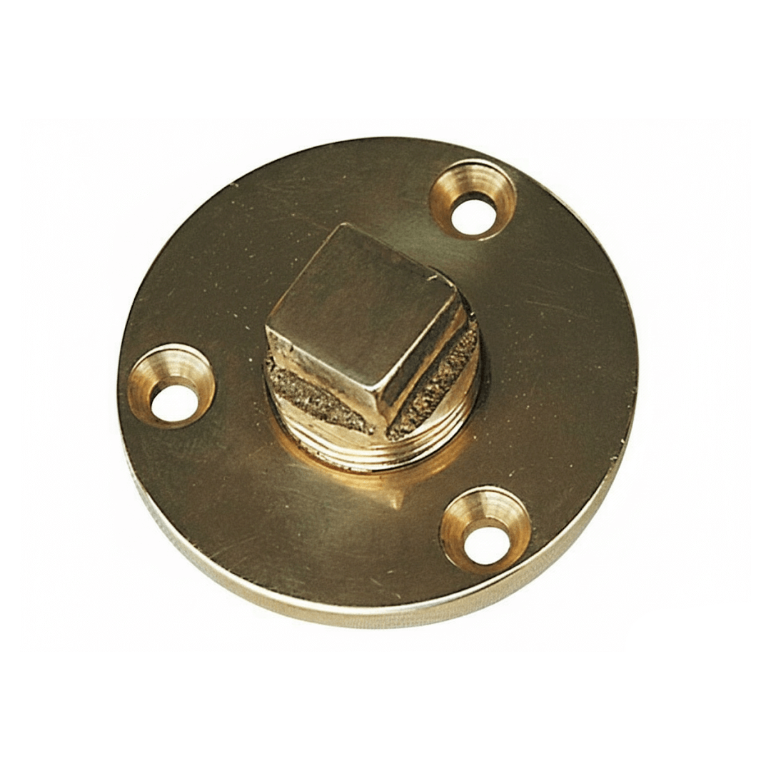 Tappo di scarico in ottone dorato con flangia rotonda e tre fori di fissaggio, filetto 1/2", Ø 50 mm