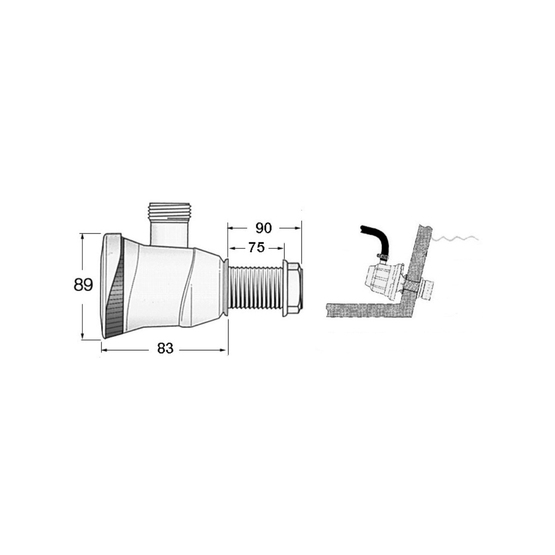 Scheda tecnica filtro per pompa Attwood con dimensioni 89x83mm e dettaglio montaggio