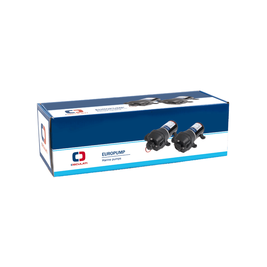 Confezione blu pompa autoclave marina Osculati Europump 12V/24V con immagine pompa nera