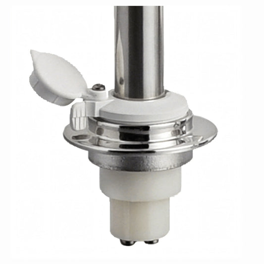 Fanale navigazione 360° su asta inox con base cromata e lente bianca, dettaglio supporto