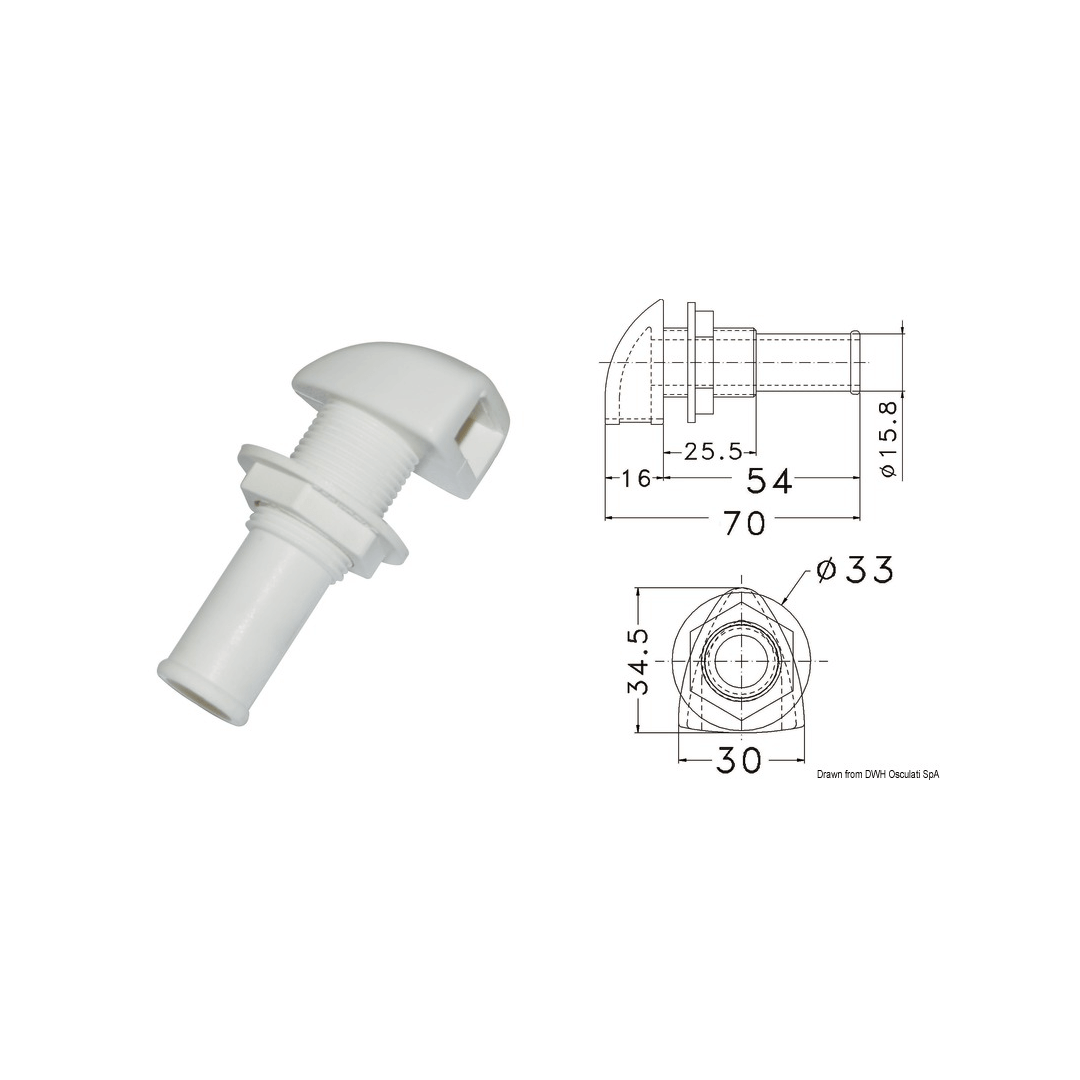 Sfiato in plastica bianca Ø 16 mm con cappuccio semisferico e scheda tecnica dimensioni 70x33 mm