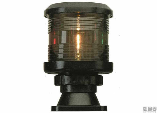Fanale di navigazione bicolore rosso/verde 360° in plastica nera su base cilindrica acceso