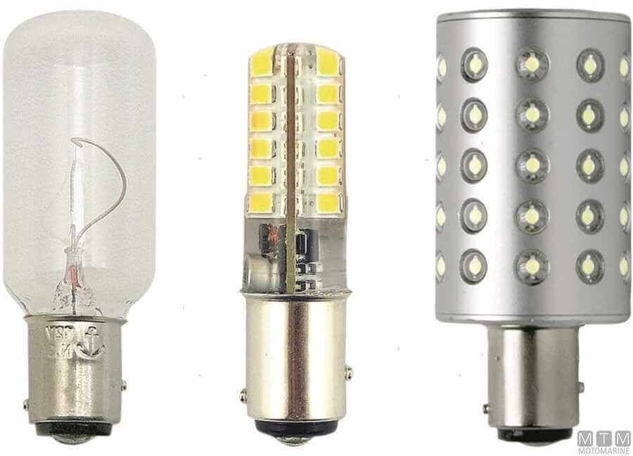Confronto lampadine per fanale nautico: incandescente trasparente, LED SMD e LED con corpo silver
