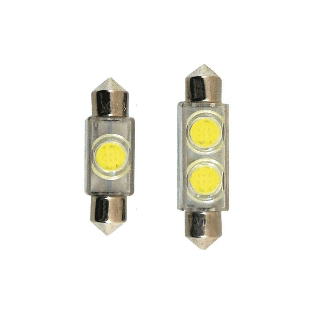 Lampadine siluro LED L35mm 1W: una con 1 LED e una con 2 LED, corpo trasparente, terminali metallici