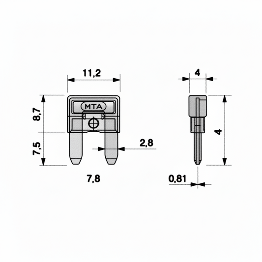 Scheda tecnica fusibile lamellare minival 15A MTA con dimensioni: larghezza 11,2mm, altezza 8,7mm