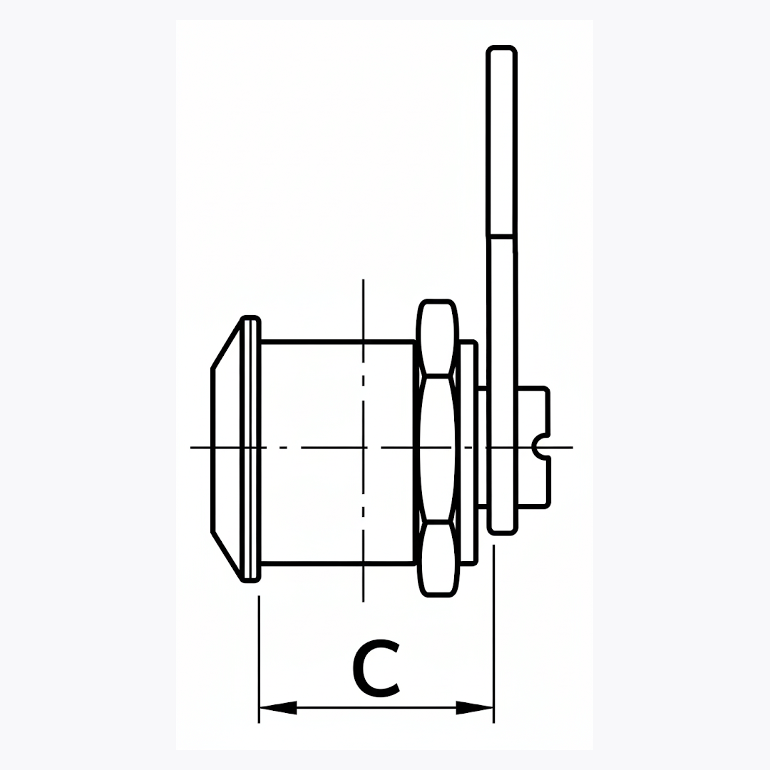 Scheda tecnica serratura a cilindro 25 mm con dimensione C e vista laterale in sezione