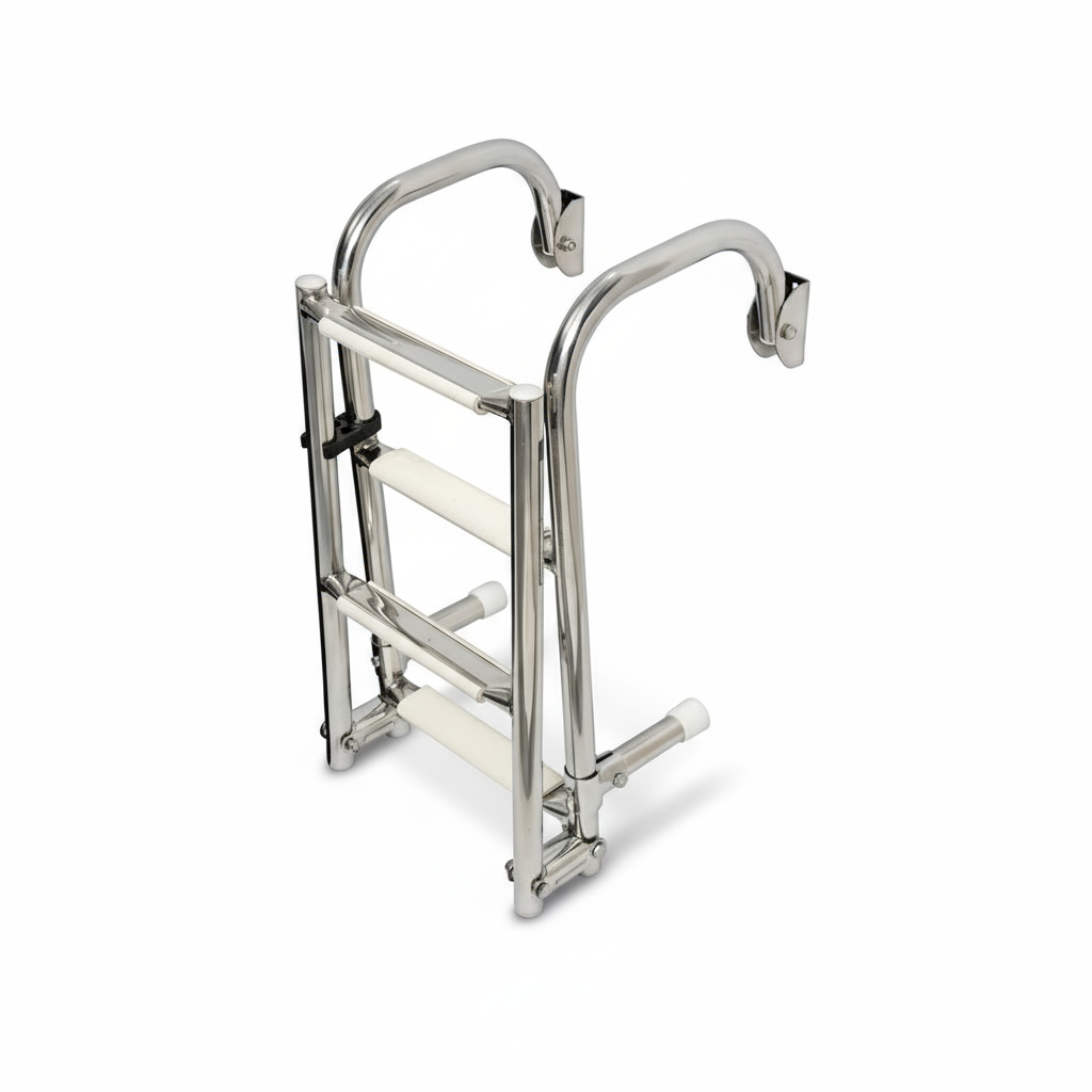 Scaletta nautica inox 3 gradini pieghevole con passamano a U e gradini bianchi antiscivolo