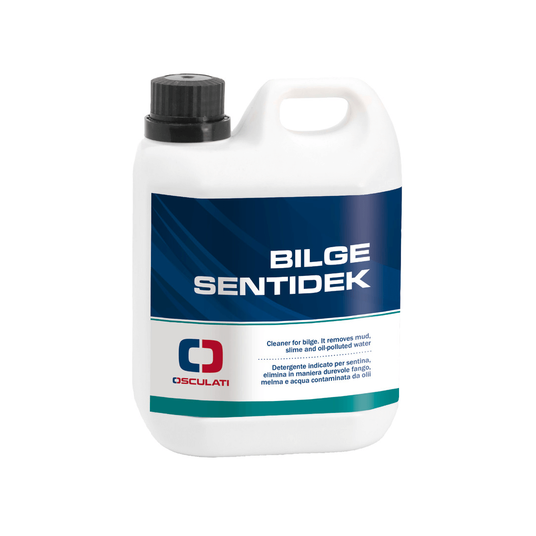 Tanica bianca da 1 litro detergente sentina Bilge Sentidek Osculati, tappo nero, etichetta blu