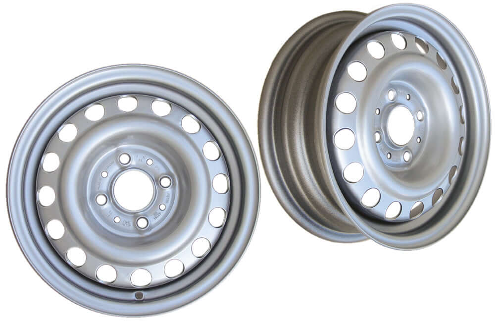 Cerchio ruota in acciaio silver 3,50X10" 145x10", viste frontale e laterale con fori alleggerimento