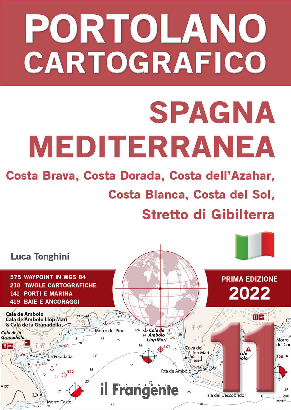 Copertina Portolano Cartografico Spagna Mediterranea ed. 2022, con mappa nautica, bandiera italiana e dati waypoint