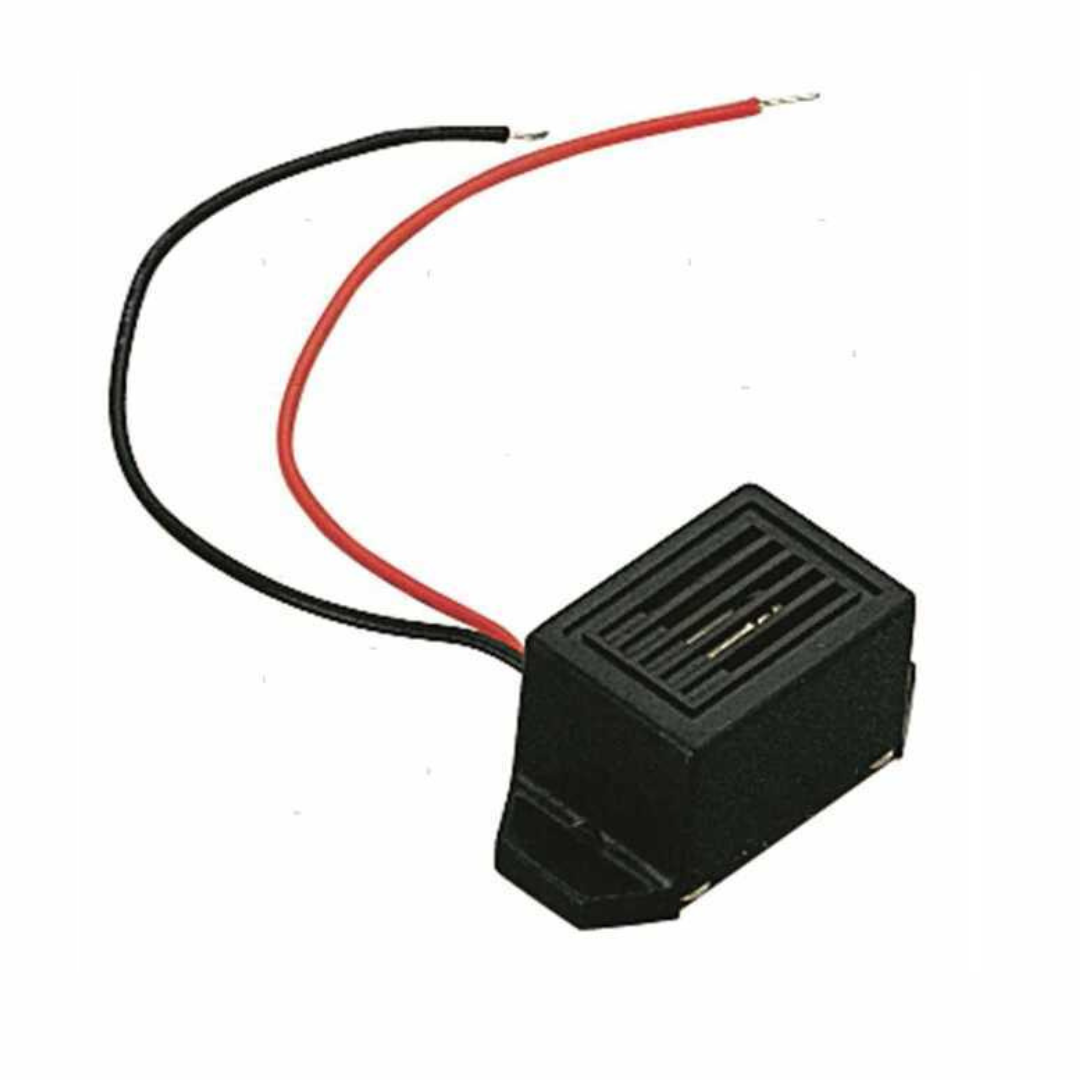 Allarme acustico 12V nero con fili rosso e nero, corpo rettangolare in plastica con griglie