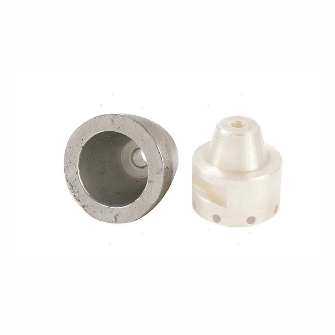 Anodo ogiva conico Ø35-50mm: coppa metallica argento e inserto ceramica bianco con fori