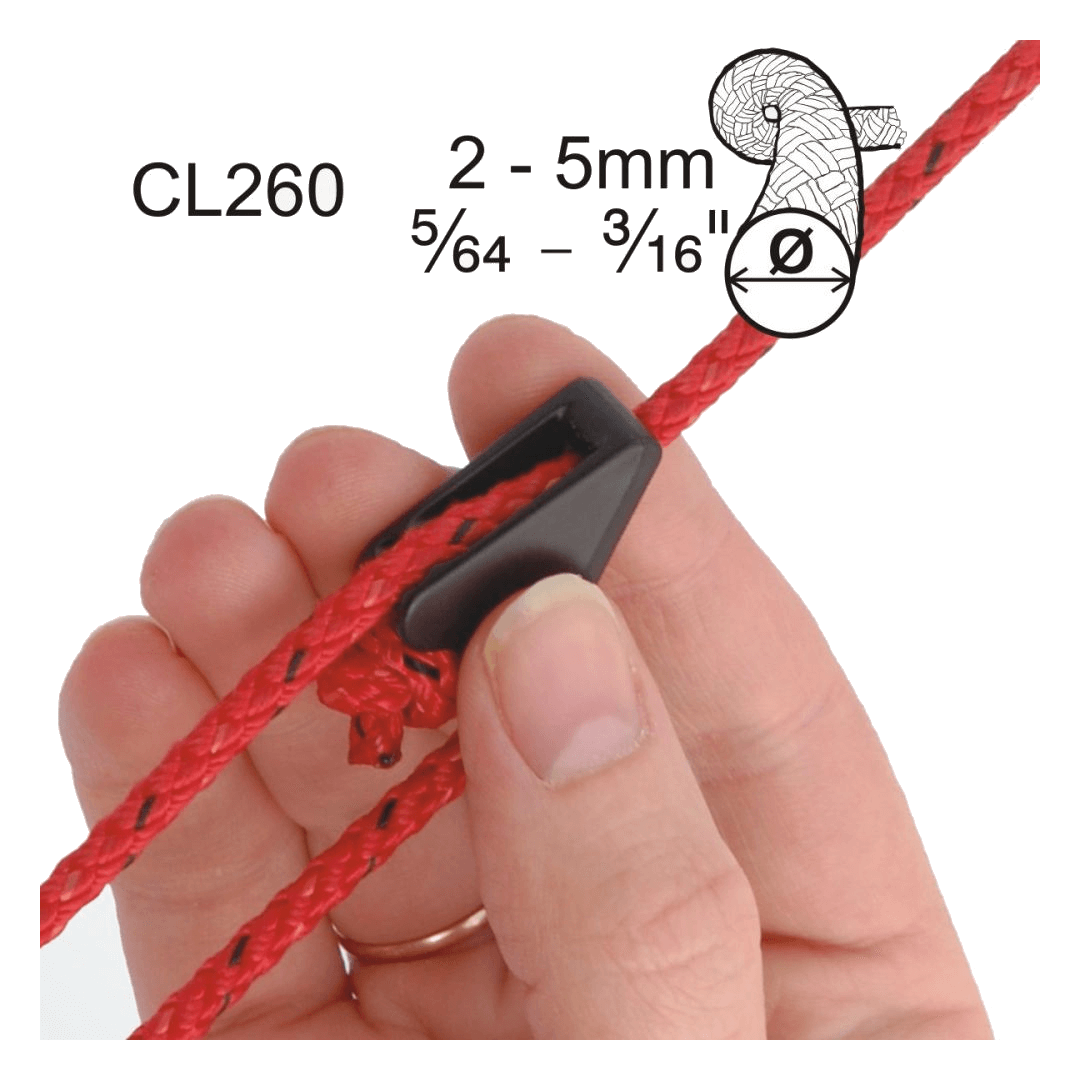 Strozzascotte Clamcleat CL260 nero in nylon con corda rossa 2-5mm tenuta tra le dita