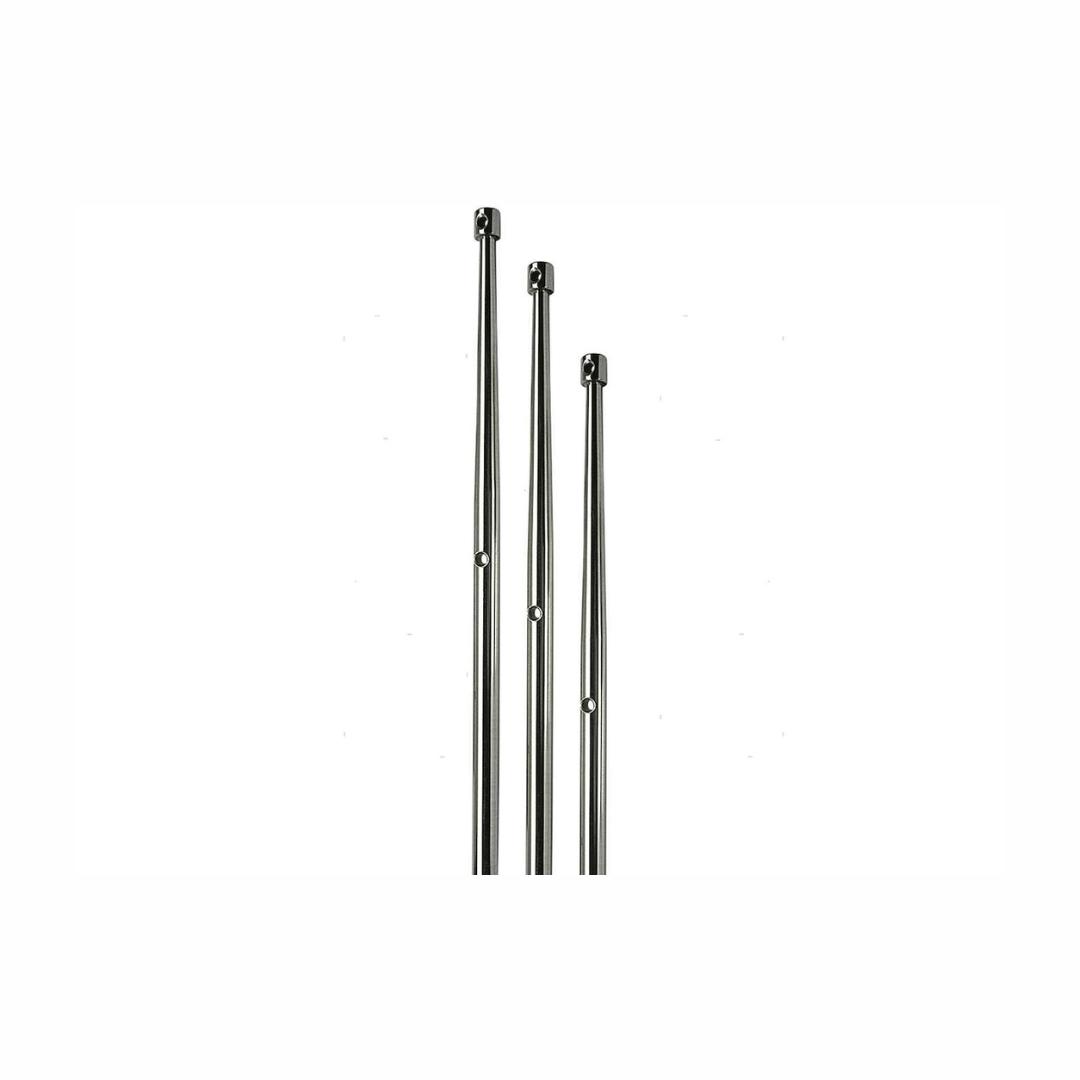 Tre candelieri in acciaio inox lucido Ø 25mm altezze diverse con testa quadrata e foro centrale