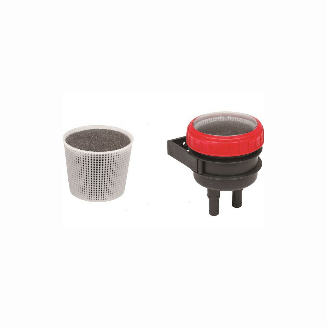 Cartuccia filtro sfiato acque nere WC Can: cestello plastica bianco e corpo nero con tappo rosso