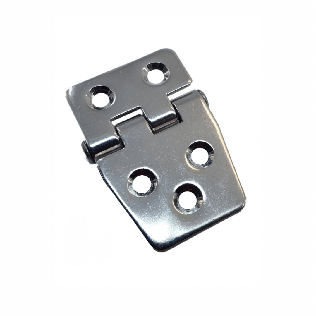 Cerniera eccentrica reverse 40x38/22 mm in acciaio inox con 5 fori per viti, vista frontale