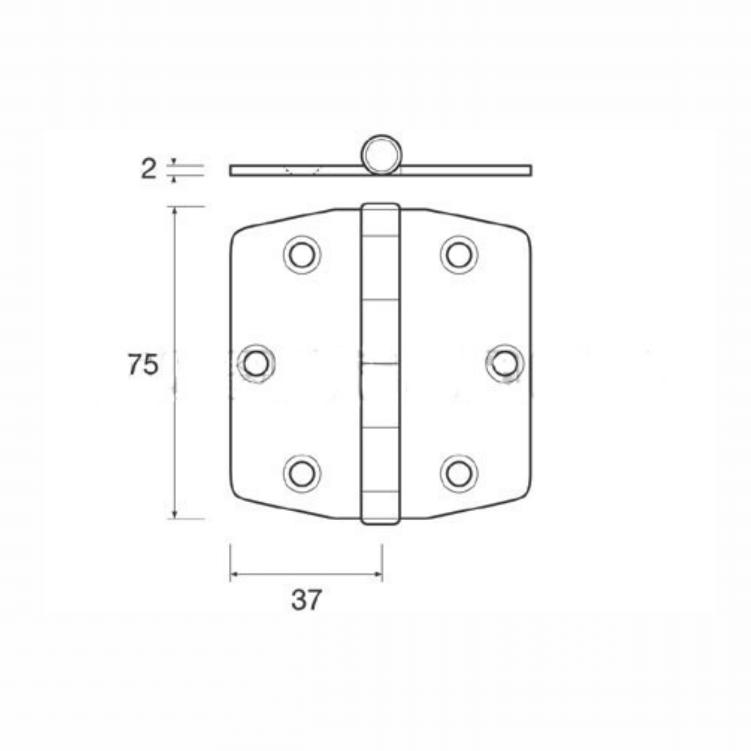 Scheda tecnica cerniera inox biscotto 75x37 mm con dimensioni, fori di fissaggio e spessore 2 mm