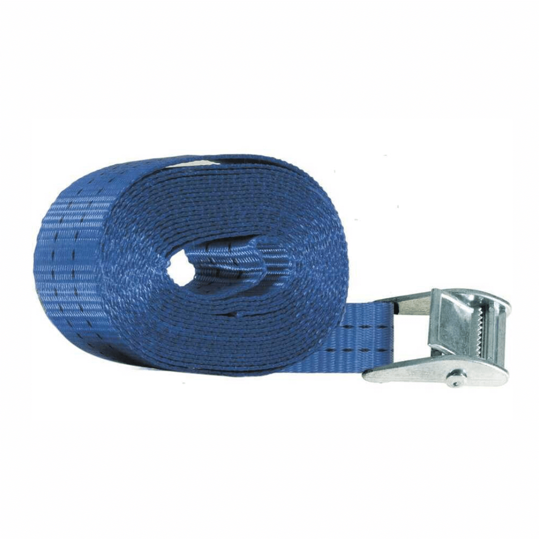 Cinghia tensionatrice blu in poliestere arrotolata con fibbia in acciaio inox, 4 mt, portata 250 kg