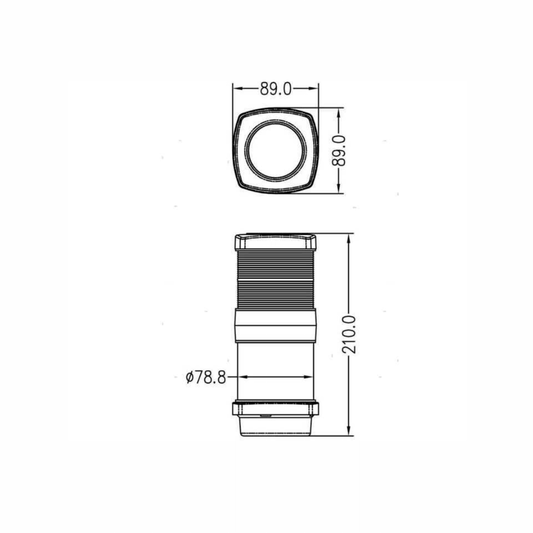 Scheda tecnica fanale tricolore con fonda LED, dimensioni 89x89mm, altezza 210mm, diametro 78.8mm