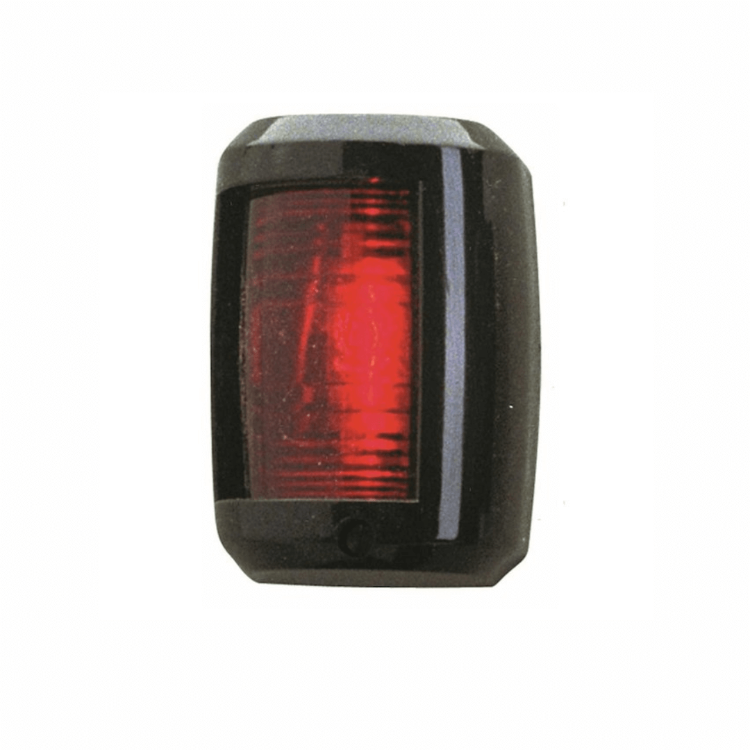 Fanale di via mini rosso con corpo nero in plastica, lente rossa fresata