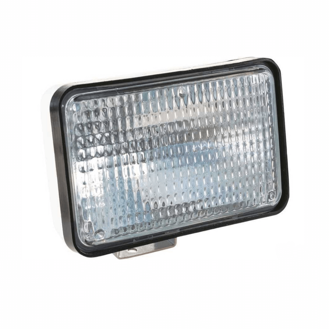 Faro da coperta flood 12V 50W rettangolare, lente trasparente strutturata, cornice nera, staffa metallica