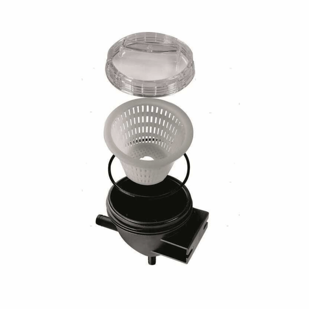 Filtro acqua di mare 25mm esploso: coperchio trasparente, cestello bianco e corpo nero con raccordo