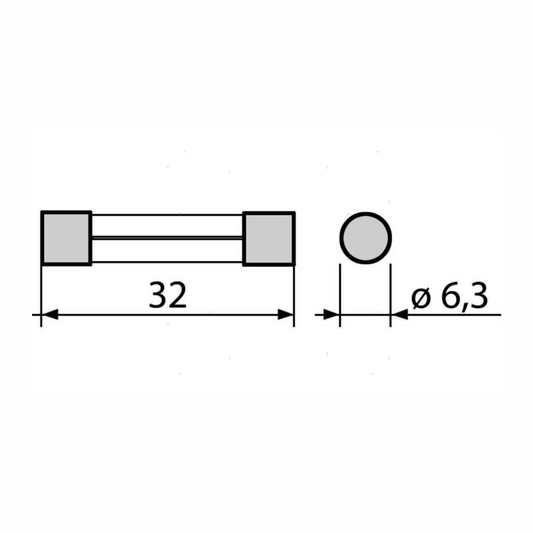 Scheda tecnica fusibile in vetro 6,3x32 mm con dimensioni laterali e frontali