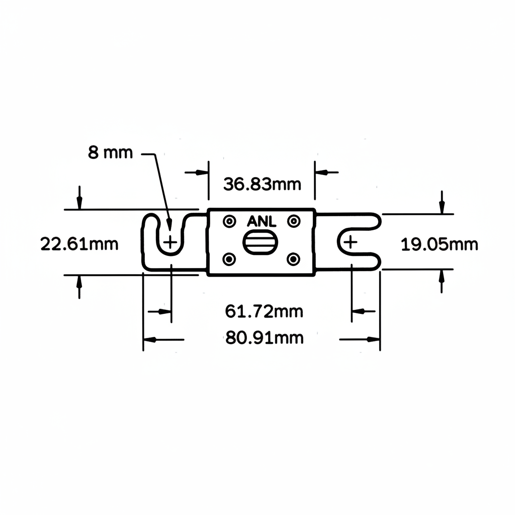 Scheda tecnica fusibile lamellare ANL con dimensioni: larghezza 80.91mm, altezza 22.61mm, corpo 36.83mm