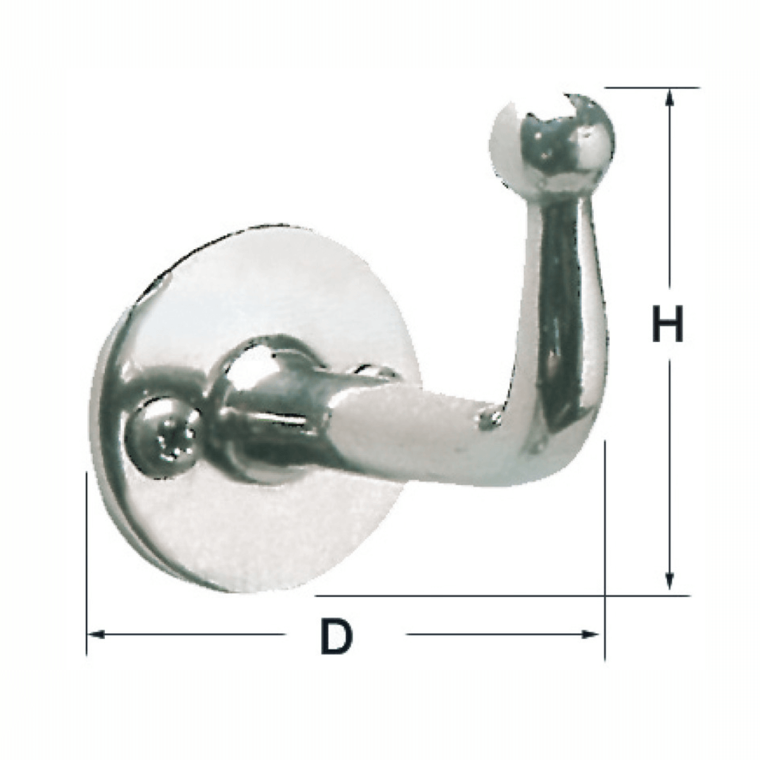 Gancetto inox lucido con base rotonda, schema tecnico con quote D e H