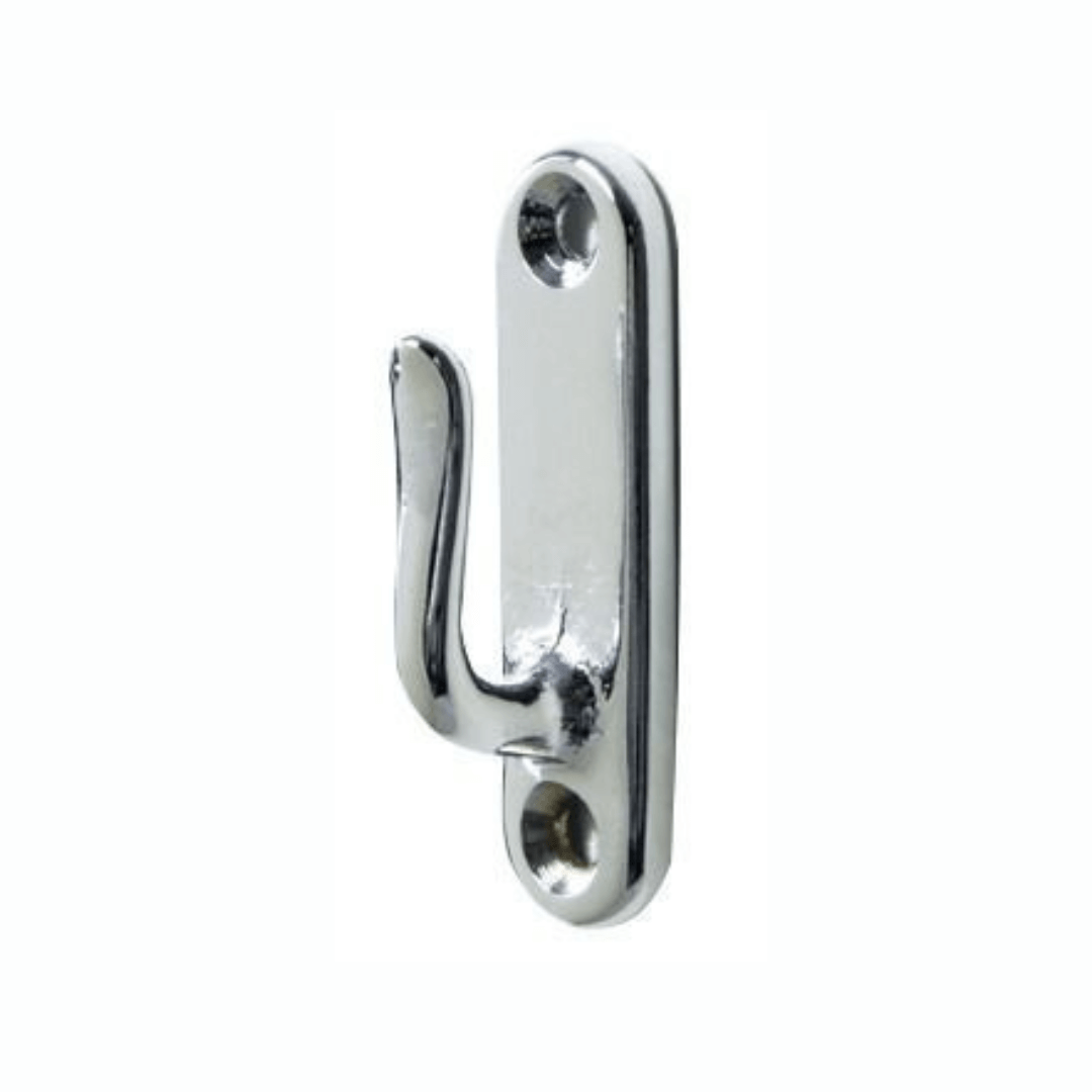 Gancetto appendiabiti singolo in acciaio inox lucido con piastra ovale e due fori di fissaggio a vite
