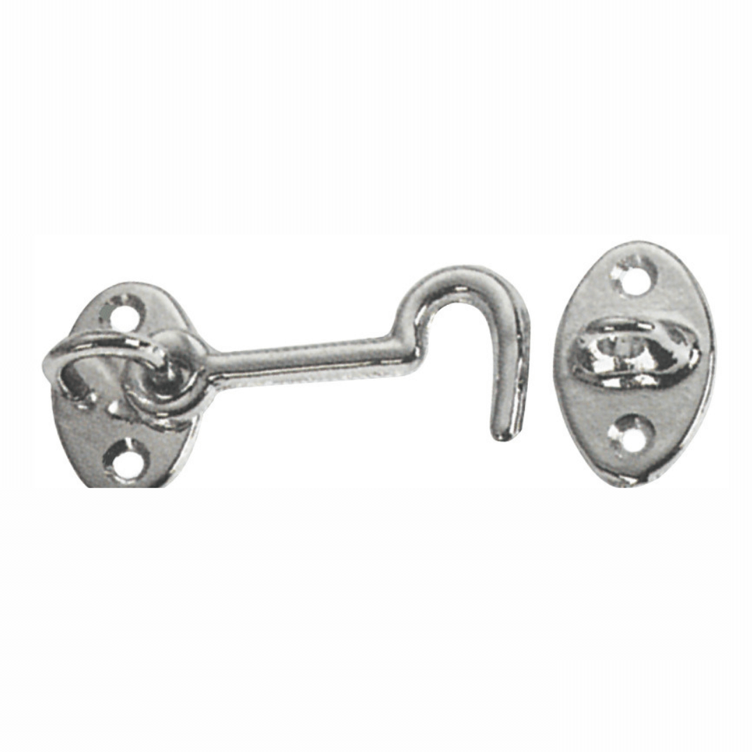 Gancetto ottone cromato con piastra ovale e occhiello, finitura argento lucida, set completo