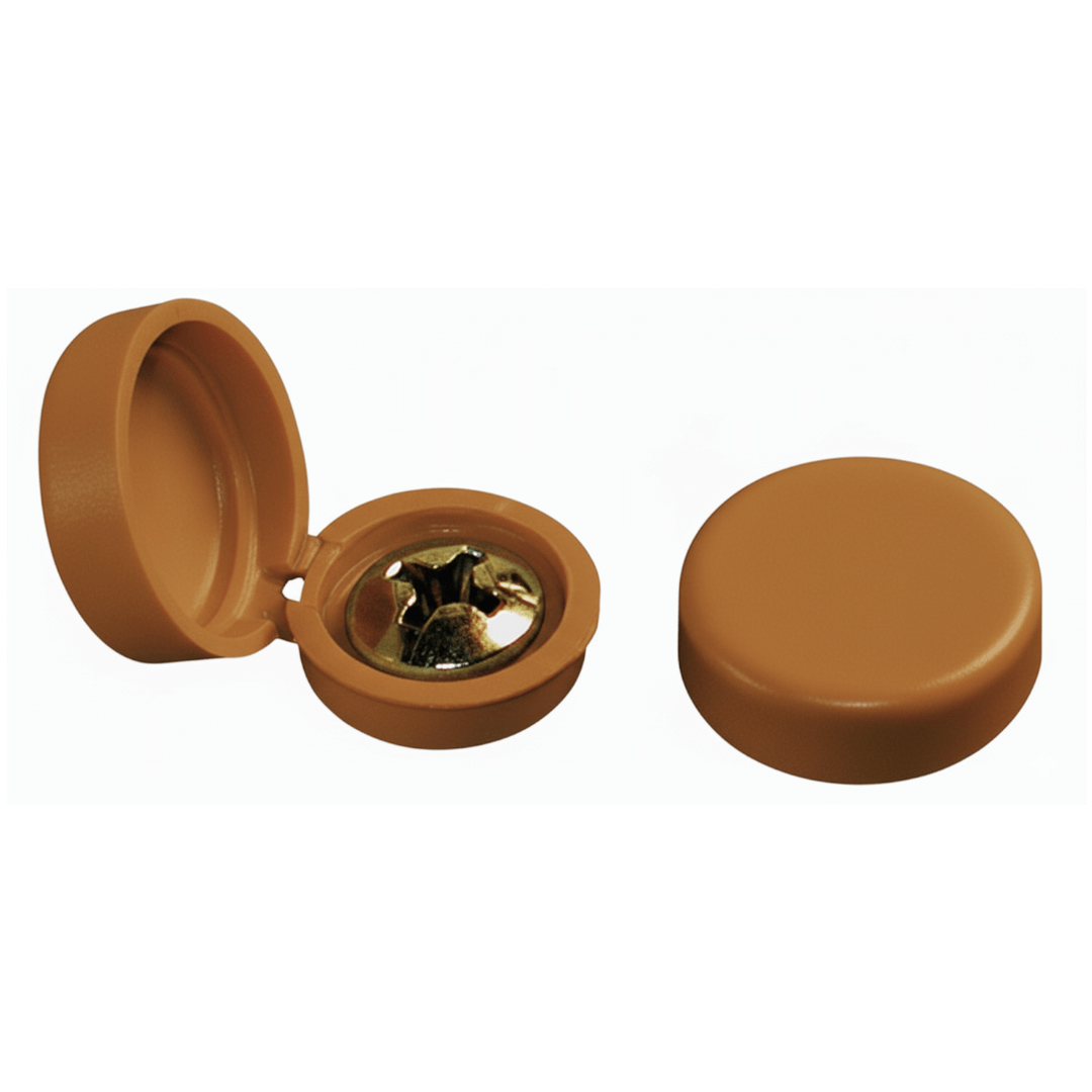 Coprivite a cappuccio tondo in plastica teak con coperchio apribile, rivela vite dorata sottostante Ø 3,5-4,2mm