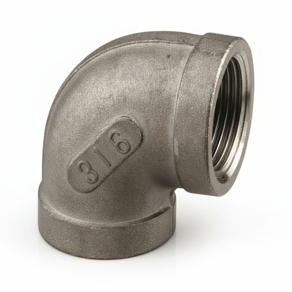 Gomito 3/8" FF acciaio inox 316 a 90° con filettatura femmina-femmina, finitura satinata grigia