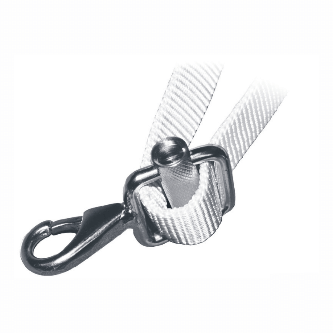 Moschettone inox con fibbia per cinghia 25 mm bianca, dettaglio chiusura a pulsante argentata