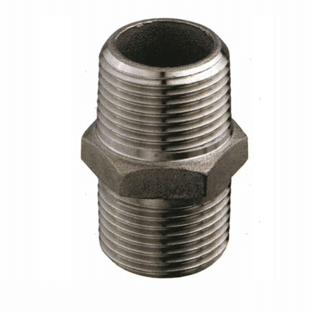 Nipple doppio maschio 3/8" in acciaio inox lucido con esagono centrale e filettatura conica
