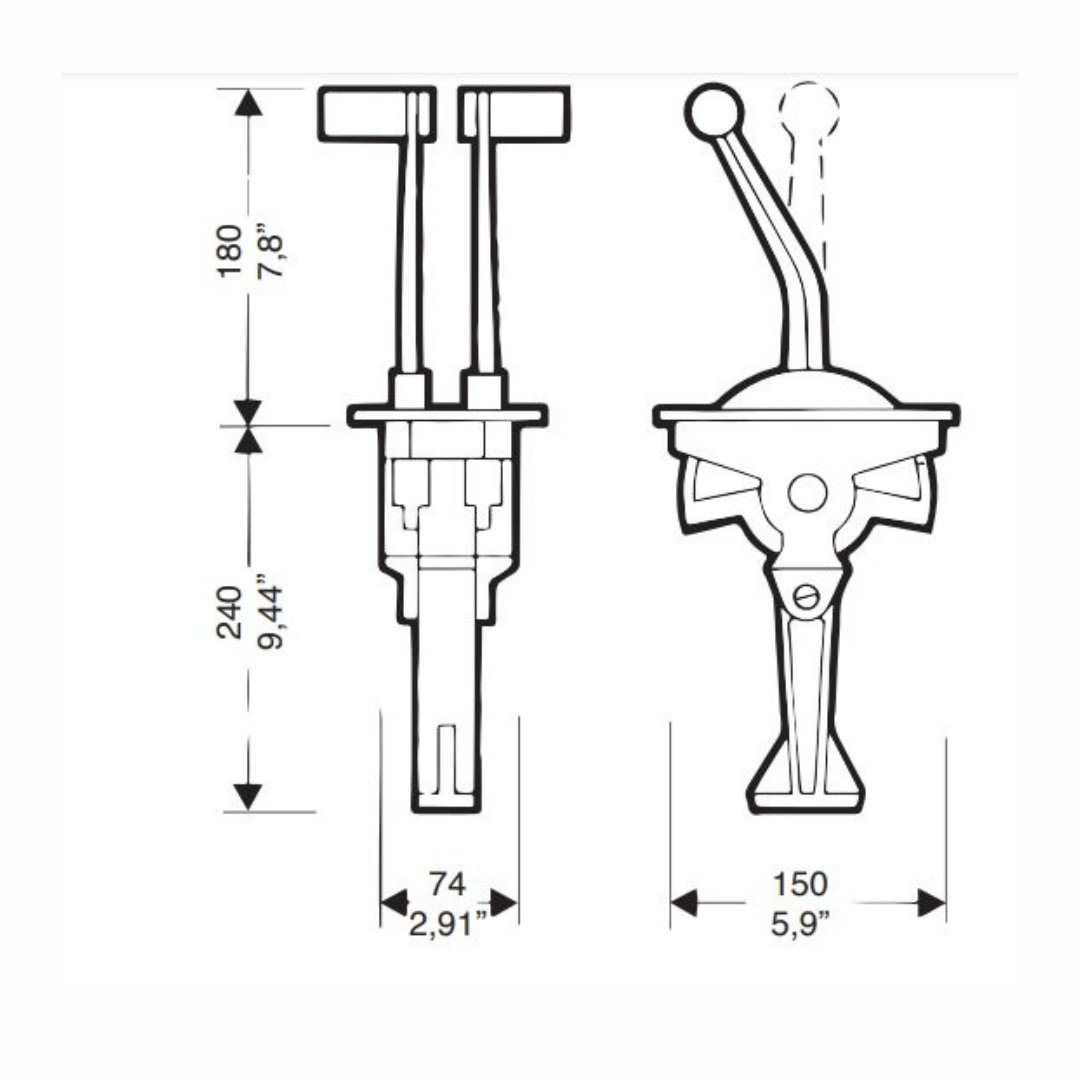 Scheda tecnica comando doppia leva Ultraflex B46 con dimensioni: altezza 180+240mm, larghezza 74mm e 150mm