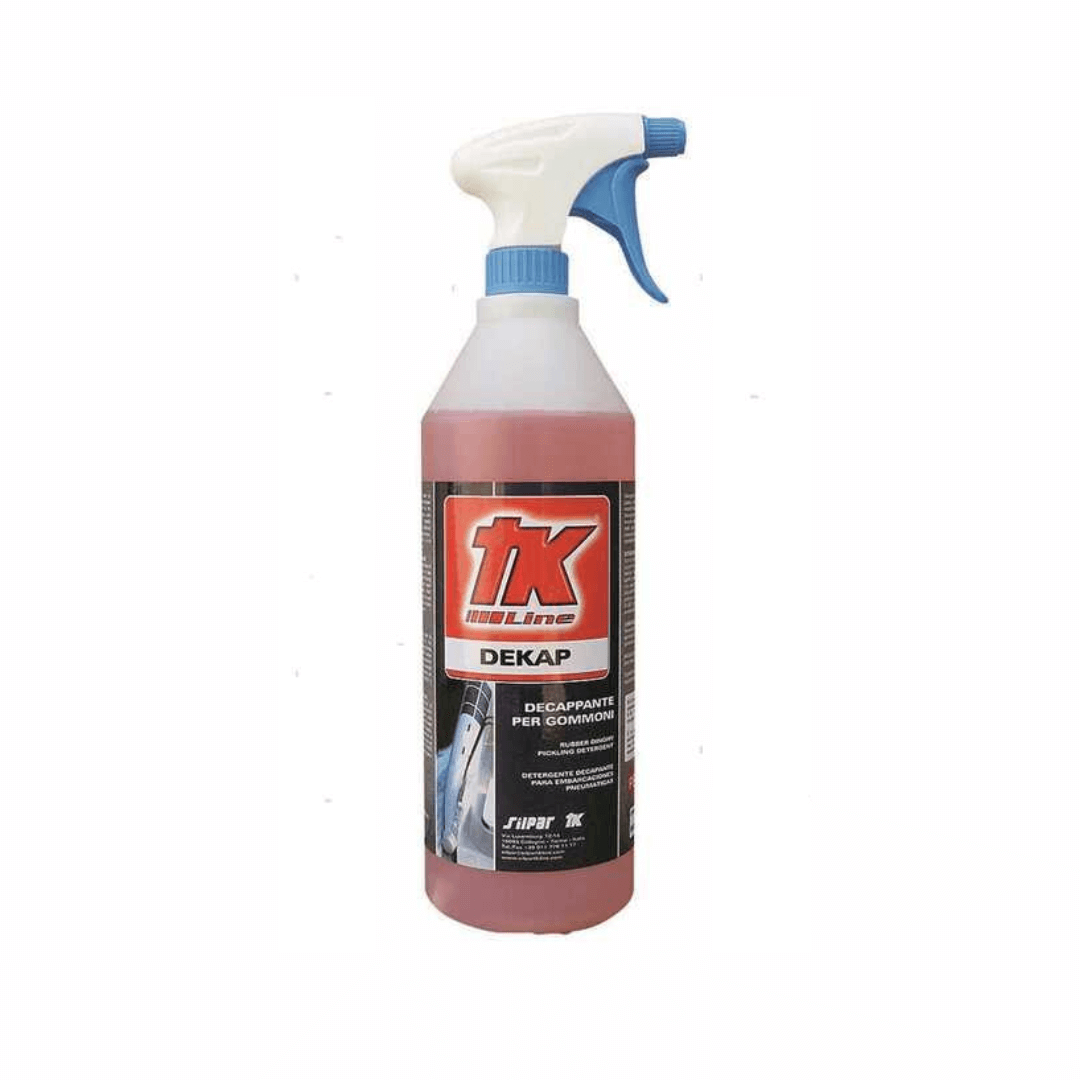 Flacone spray TK Line Dekap decappante per gommoni 1L, liquido rosso con erogatore bianco e blu