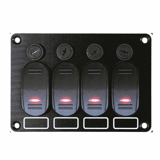Pannello interruttori Contour 4x15A nero con 4 rocker switch a LED rosso e fusibili a vite