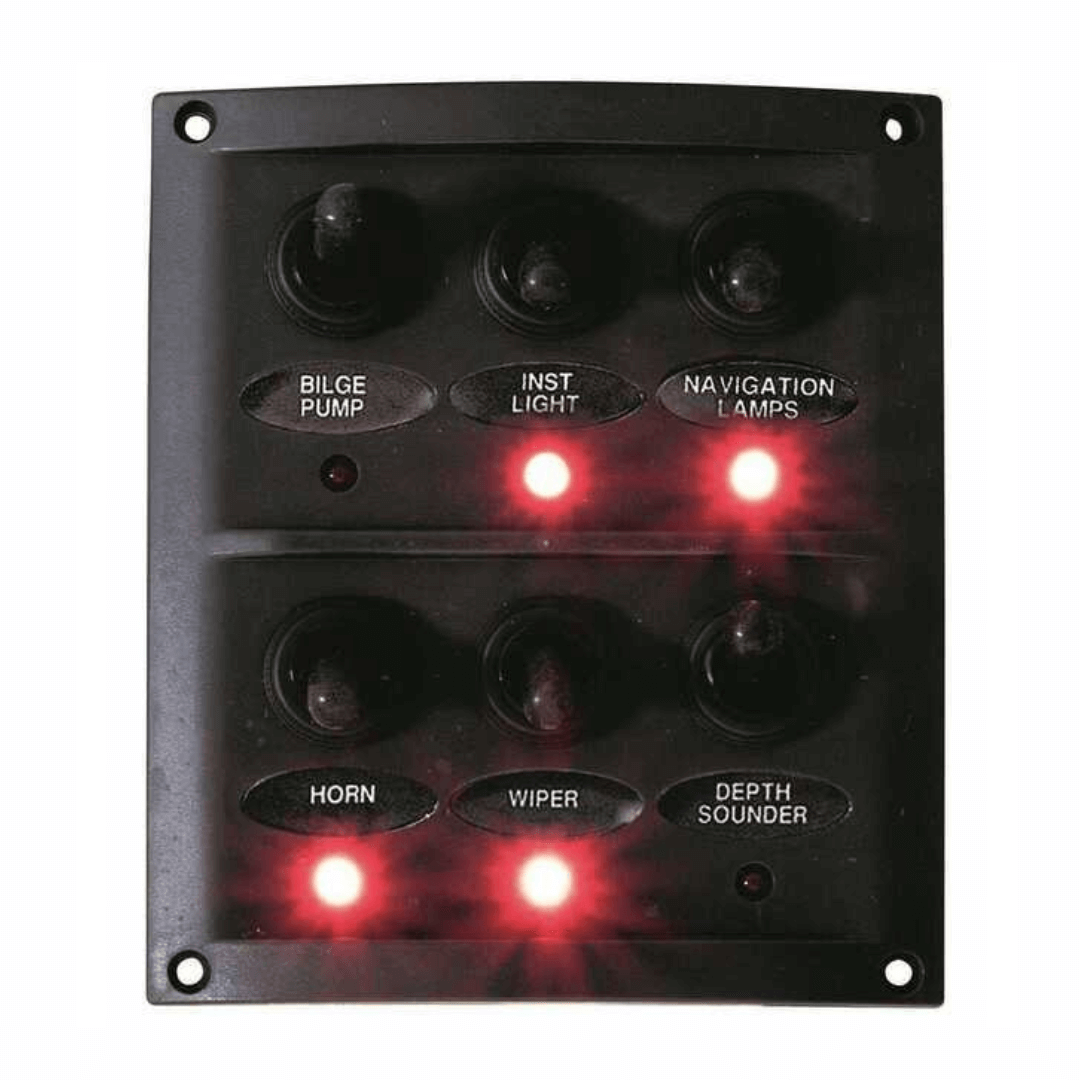 Pannello interruttori New Classic Black 6 vie nero con LED rossi e toggle switch per barca