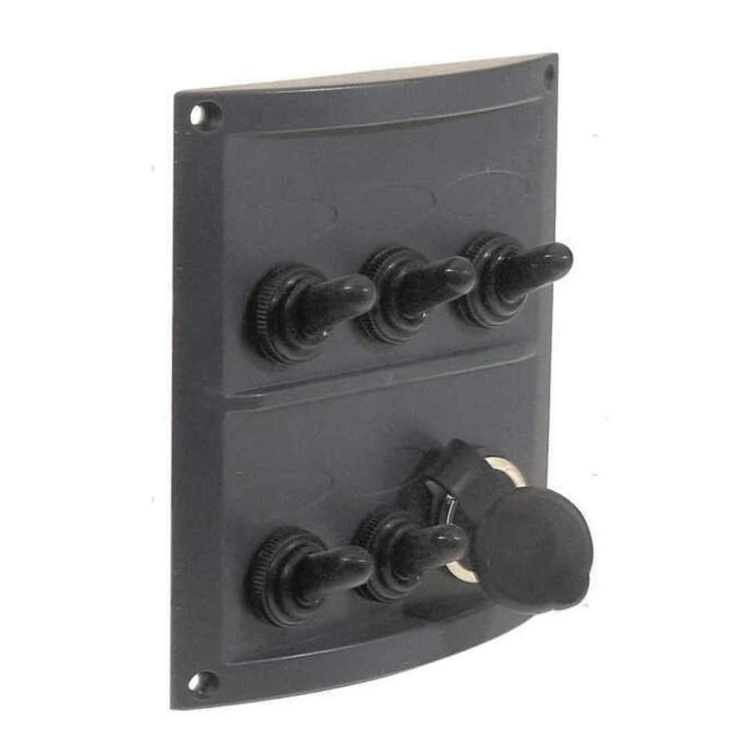 Pannello elettrico nautico nero ABS con 5 interruttori a leva e presa chiave 12V