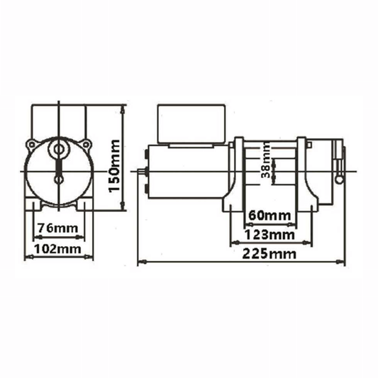Scheda tecnica verricello elettrico alaggio 1360 kg 12V con dimensioni 225x150mm e dettagli drum