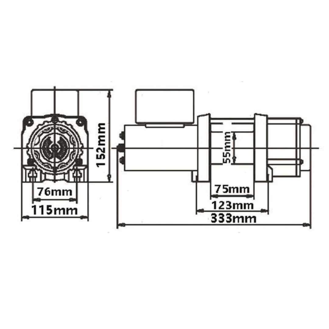 Scheda tecnica verricello elettrico alaggio 1810 kg 12V con dimensioni: 333x152x115mm