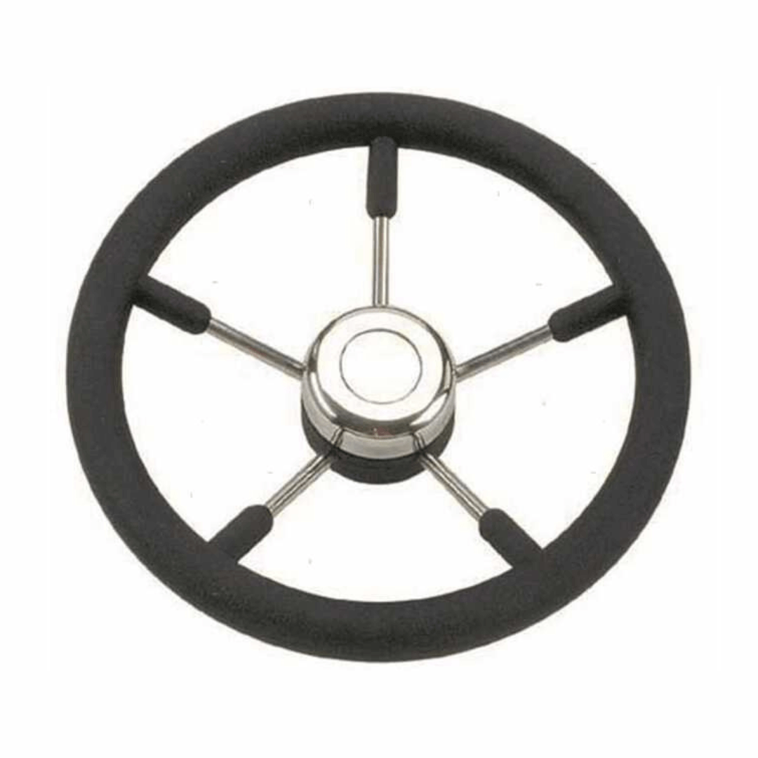 Volante nautico in poliuretano nero con raggi in acciaio inox e mozzo centrale cromato Ø 350 mm