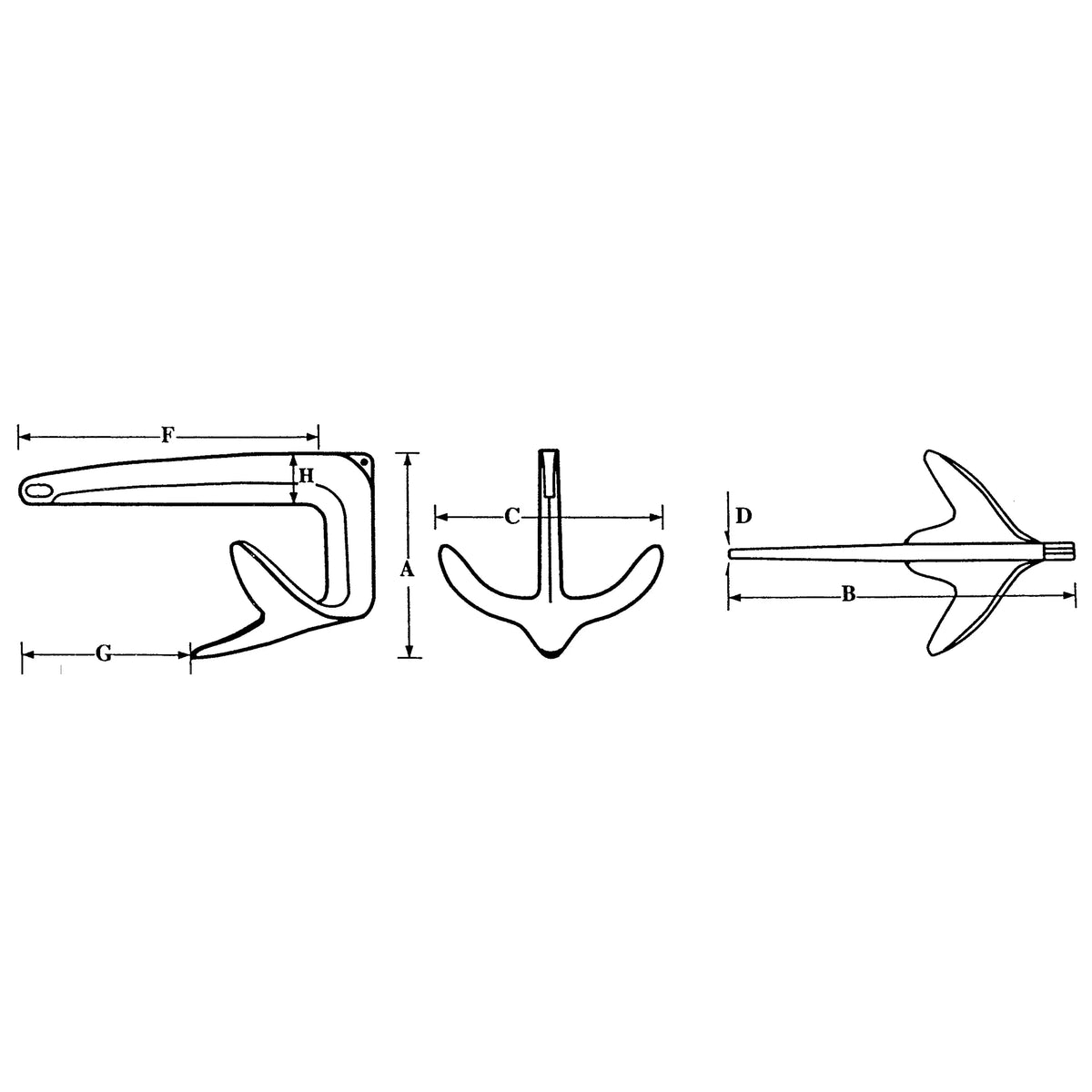 Ancora Bruce inox Plastimo, disegno tecnico con quote